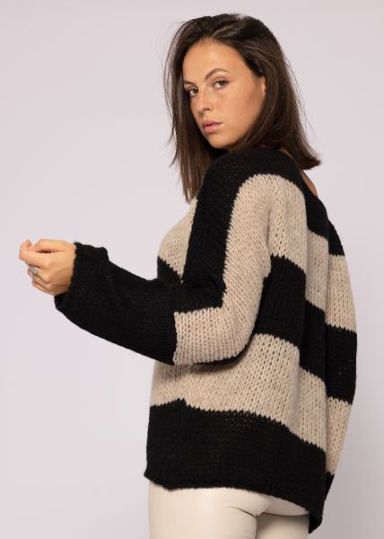 Locker gestrickter oversize Pullover, schwarz/beige