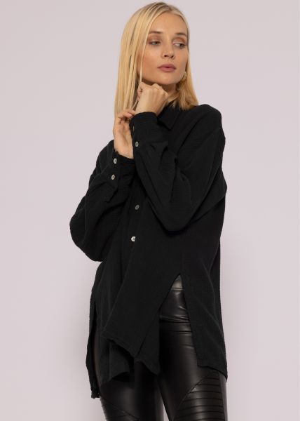 Musselinblusenjacke mit hohen Schlitzen, schwarz