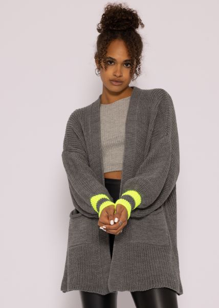 Strick-Cardigan mit gelben Streifen, dunkelgrau