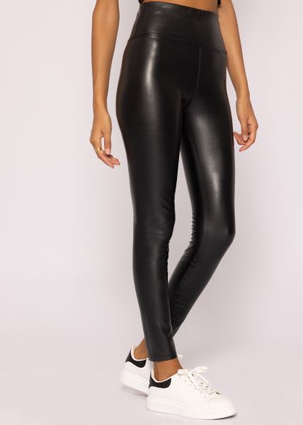 High-Rise Thermo-Lederleggings mit breitem Bund, schwarz