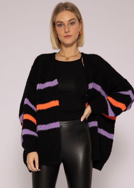 Oversize cardigan with purple and orange stripes, black