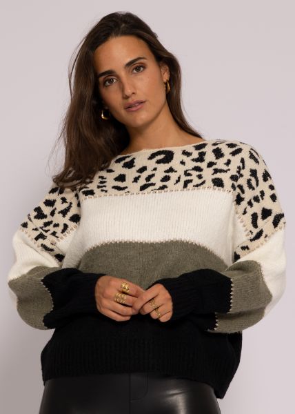 Oversize Pullover mit Leo-Print, offwhite/grün/schwarz